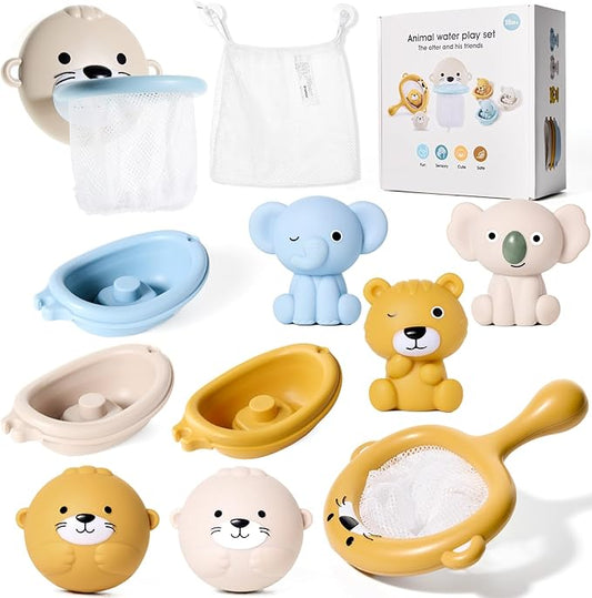 Otter Bath Toy Set for Toddlers 1-3, Cute Baby Bath Toys for Bathtub Pool | 12X Baby Bath Toys for 1-3, included Interactive Basketball Hoop, Squeeze Play Balls, Floating Boats, Fishing Net&Storage Bag