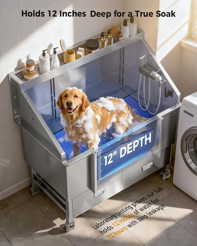 CAMMOO 50'' Dog Bathing Station - 304 Stainless Steel, Leak-Proof Deep Soak, Dog Bathing Station, 27.4" Wide Ramp, Swivel Wheels, Dog Grooming Tub, Piano-Key Faucet, 2 Drawers for Medium & Small Pets