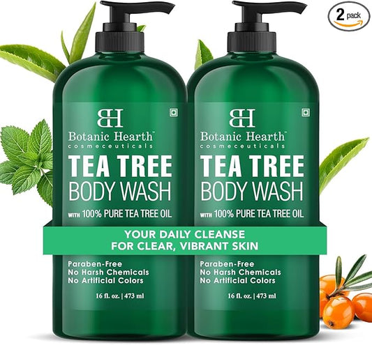 Botanic Hearth Tea Tree Body Wash, 16 Fl Oz (473 ml) Pack of 2 | With Tea Tree Oil, Peppermint & Sea Buckthorn | Gently Cleanses, Refreshes & Nourishes Skin | Sulfate & Paraben Free | For Men & Women