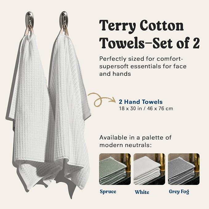 ONSEN Sculpted Terry Hand Towels, 100% American Cotton, Quick Dry Lint Free, Lightweight Absorbent Hand Towel Set with Hanging Loop, 20x30 in (White, 2X Hand Towel)
