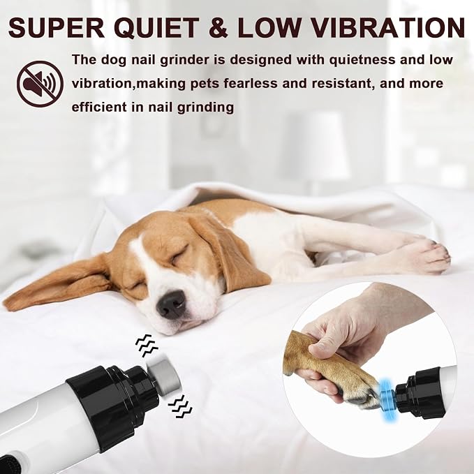 Upgraded Quiet Electric Dog Nail Grinder for Hard/Thick Pet Nails | Quiet and Low-Vibration Dog Nail Trimmers, 2-Speed, 3 Ports for Large Medium Small Pets, Safe & Stress Free Grooming Tool