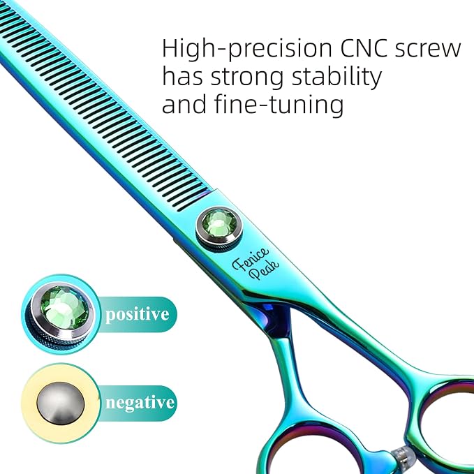 7'' Green Thinning Dog Grooming Scissors Pet Shears with Ergonomic Offest Handle and Simulated Emerald Screw 440C Grooming Scissors Trimming Shears Durable and Sharp