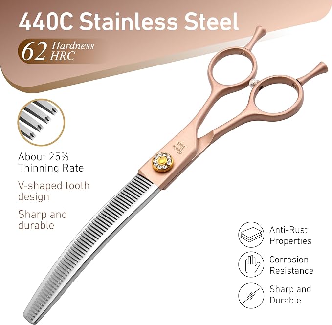 Professional Curved Thinner Dog Grooming Scissors 7.0'' Rose Gold Thinning Shears Extremely Sharp Blades 440C Stainless Steel Thinning Shears Durable Smooth Fine Cut for Dogs and Cats.