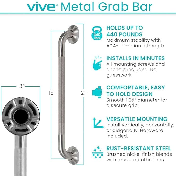 Vive Grab Bar for Showers - Bathroom Antislip Handrail for Seniors, Elderly Assistance Product, Heavy Duty Shower Handles, Handicap Grab Bars, Stainless Steel, Multipurpose, 440 lbs (Nickel)