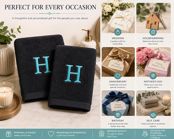 Personalized Hand Towels - Customized Turkish Towels - Cotton Towel Set -Monogrammed Towels with Initials Name Embroidery - 2 Pack 16x28 inches Hand Towel (Navy, Hand Towels - Set of 2)