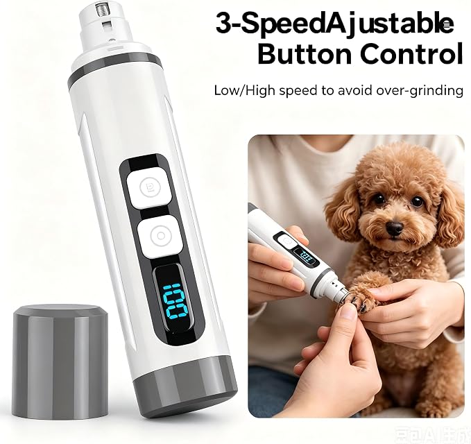 Dog Nail Grinder Quiet- 3-Speed Dog & Cat Nail Grinder with LED Light & Battery Display & Upgrade Grinding Head - Painless Nail Trimmer Dogs, Thick Nails, and Sensitive Paws | Dog Nail Grinder Quiet- 3-Speed、LED Light & Battery Display 、Upgrade Grindin...