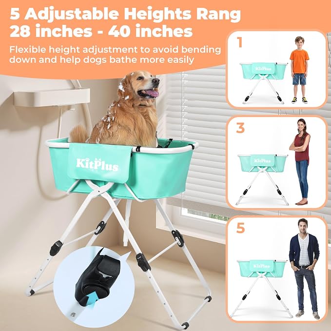KITPLUS Portable Dog Bathtub, 5 Height Adjustable Dog Washing Station for Pet Shower and Grooming Foldable Bathing Tub with Storage & Anti-Slip Design for Small Large Dogs Cats