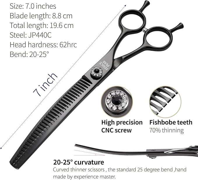 Professional Dog Grooming Scissors Pet Curved Chunker Shears 7.0'' Extremely Sharp Blades 440C Steel Thinning Scissors Durable Smooth Motion & Fine Cut for Dogs and Cats(Black)