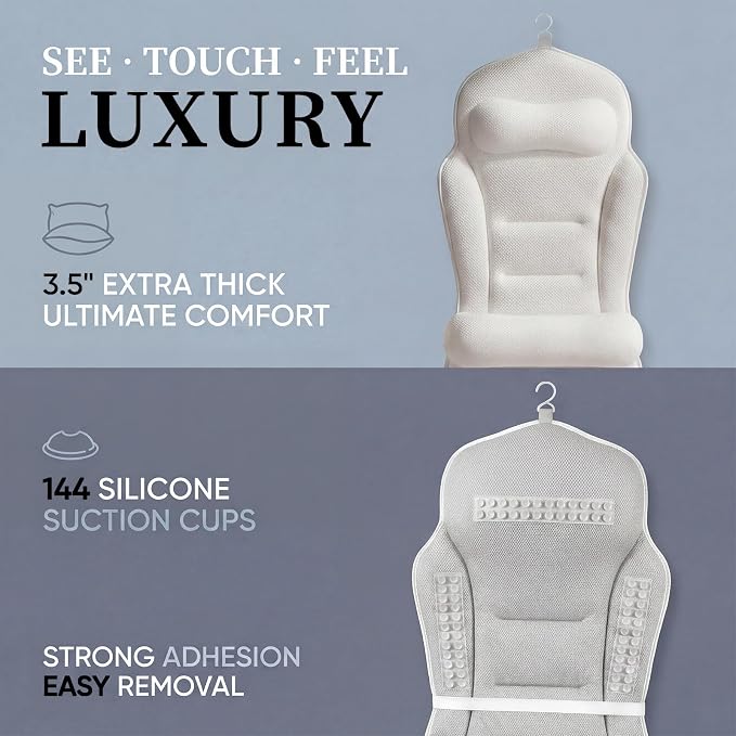 Full Body Bath Pillow for Bathtub, Adjustable Bathtub Pillows for Head and Neck Support, Extra Long Thick Bathtub Cushion with 192 Non-Slip Power Suction Cups, Spa Present Bath Pillow (52" x 17")