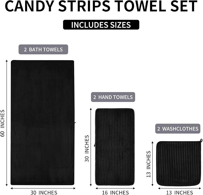 6-Piece Bath Towel Set(30"x60"), 2 Large Bath Towel Sheets, 2 Hand Towels and 2 Washcloths - Highly Absorbent Quick Dry Microfiber,Ultra Soft Towel Set for Bathroom (Black)