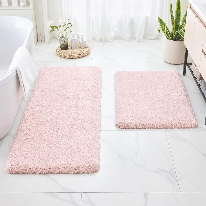 Disolla Bathroom Runner Rug 24x70 Non Slip Fluffy Long Bath Mat for Bathroom Floor Washable Plush Luxury Bath Rug for Tub Absorbent Shower Sink Mat Bedside Rug, Sakura Pink