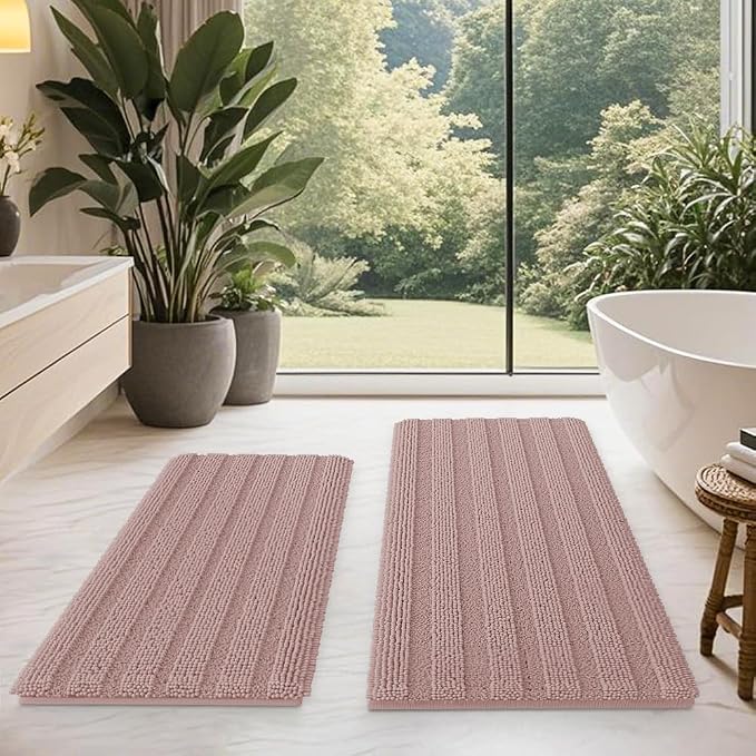 ACCUMTEK Striped Dusty Pink Bathroom Rug Mat Set 2 piece 32"x20"+24"x17" Ultra Soft, Non Slip Chenille Bath Rugs, Absorbent Plush Shaggy Bath Mats for Bathroom, Bedroom, Kitchen, Shower, Tub