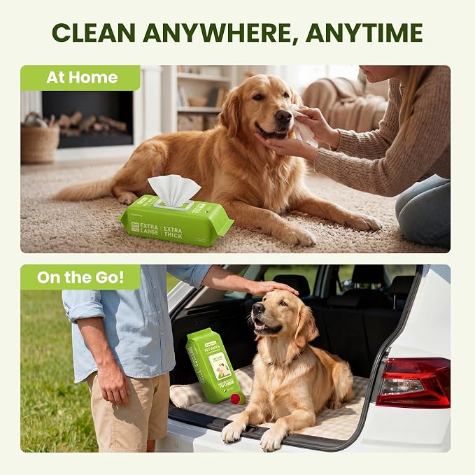 Hypoallergenic Pet Wipes for Dogs, Cats & Small Animals – Quick Clean & Deodorize Paws, Butt, Eyes, Face & Fur | Daily Grooming Wipes | Extra Large & Thick | Coconut Scented, 100 Count
