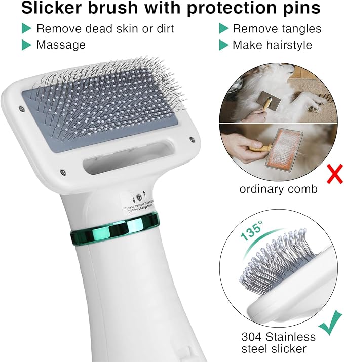 Ownpets Pet Hair Dryer, 2 in 1 Quiet Portable Pet Grooming Blower with Slicker Brush, Adjustable Temperature & Fast-Drying Towel, Home Pet Care for Dogs, Cats & Other Coated Breed