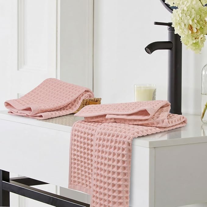 Jacquotha Waffle Hand Towels for Bathroom Decor (Pink) – 2-Piece Cotton Face Towels, Fast Drying & Absorbent, 13” x 29”