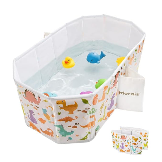 MORAIS Toddler Bathtub Collapsible & Portable, Foldable Baby Bath Tub for Shower & Travel, Dual Drain Plug with Thick Padded Bottom, Easy to Clean, Space-Saving Tub, 12 Months+