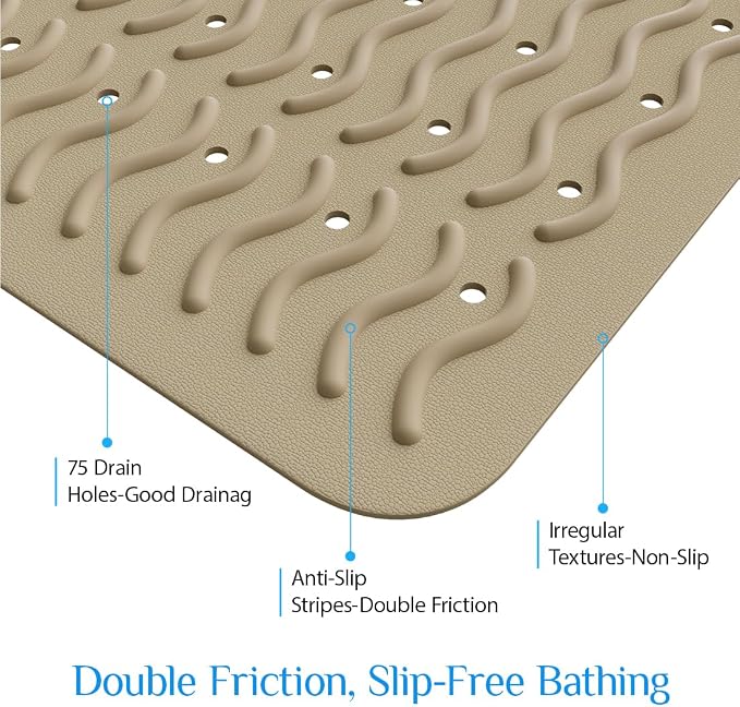 Non Slip Bathtub Mat & Shower Mat, 31x15'' Anti Slip Bath Mat for Tub, Soft TPE Anti-Skid Bathroom Mat with 194 Suction Cups & Drain Holes, Wave-Textured Grip, Machine Washable,Brown