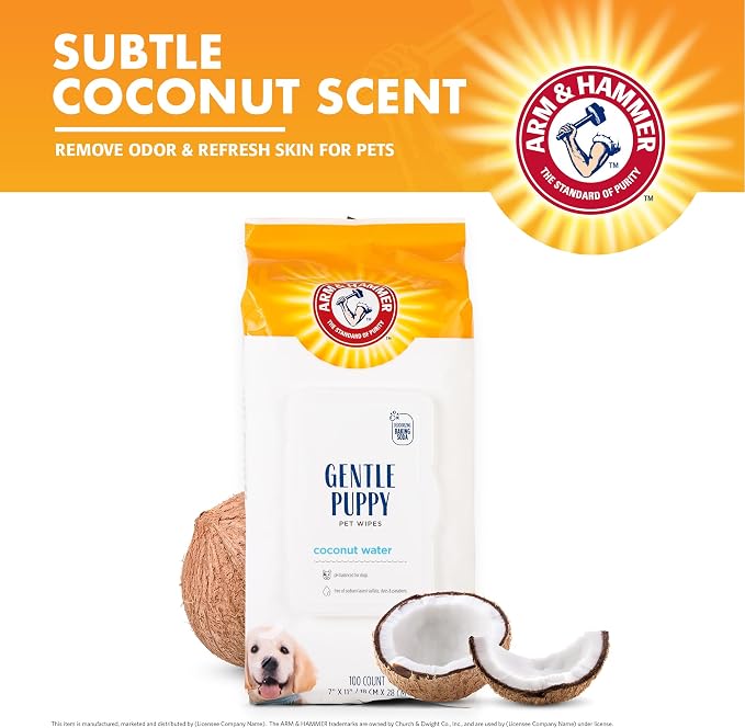 Arm & Hammer Dog Grooming Wipes, Deodorizing Dog Cleaning Wipes with Coconut Water, Gentle for Dogs and Puppies, Paraben and Sulfate Free Formula, Light Coconut Scent, 100 Count