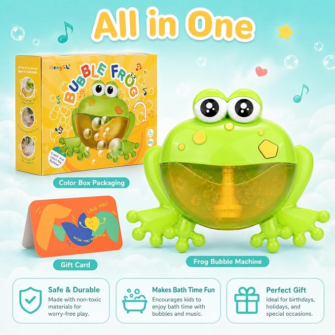 Bath Toys for Toddlers 1-3, LED Light Up Frog Bubble Machine with 24 Songs & Song Switch, Automatic Bubble Maker Blower for Baby Bathtub, Fun Shower Toys for Boys Girls, 18M+