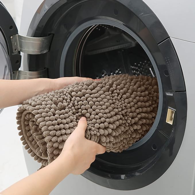 ACCUMTEK Striped Dark Beige Bathroom Rug Mat 24"x17" Ultra Soft, Non Slip Chenille Bath Rugs, Absorbent Plush Shaggy Bath Mats for Bathroom, Bedroom, Kitchen, Shower, Tub,Taupe