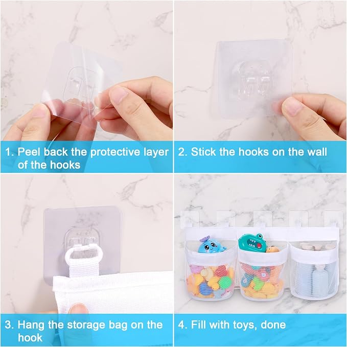 Bath Toy Storage Organizer, 3 Compartment Bath Toy Holder for Tubs, Large Capacity & Quick-Drying Mesh - 5 Strong Adhesive Hooks for Easy Access
