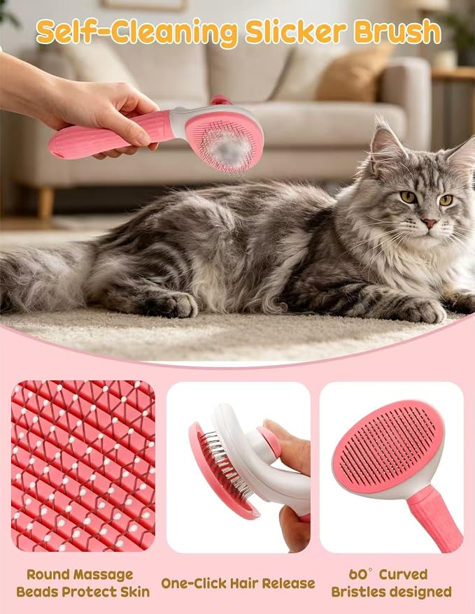 Dog Brush for Shedding 10 Pcs Set, Pet Grooming Kit Tools Pet Nail Clippers Nail Files Flea Comb, Pet Undercoat Long Hair Brush Suitable for Dogs and Cats (Pink)