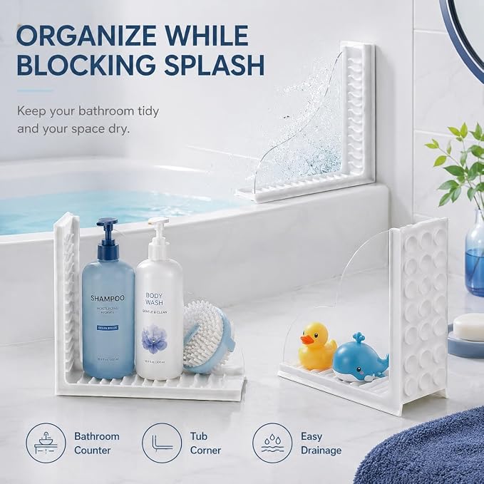 Splash Guard for Bathtub, 2-Piece Shower Splash Guard with Clear Acrylic Panel & Silicone Base, No Adhesive Shower Water Guard for Tub Corner, Shower Guards to Keep Water in Shower (White)