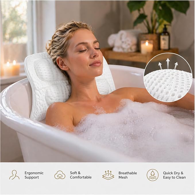 Luxury Bath Pillow for Tub, with 10 Strong Suction Cups, Non-Slip Bathtub Pillow for Head Neck & Back Support, Extra Large 21” Spa Bath Pillow, 4D Air Mesh Quick-Dry, Gift for Women(White)