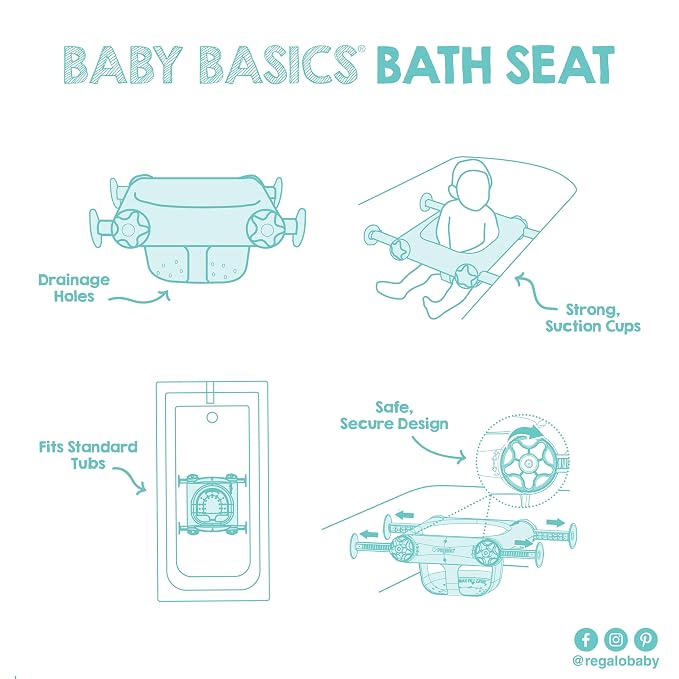 Regalo Baby Basics Baby Bath Seat with Suction Cups, Sit-Up Bath Support for Infants, Secure Baby Bath Chair for Bathtub, Easy Clean with Drain Holes, Fits Standard Tubs, White