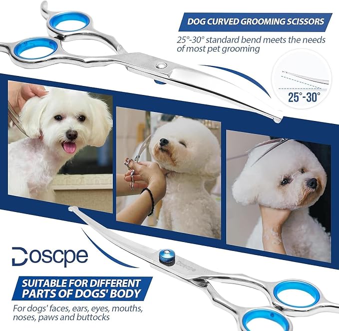 Curved Dog Grooming Scissors 7.28 inches Round Tips Pet Grooming Shears for Dog Cat on Face Paw Hair Trimming Right Left Handed