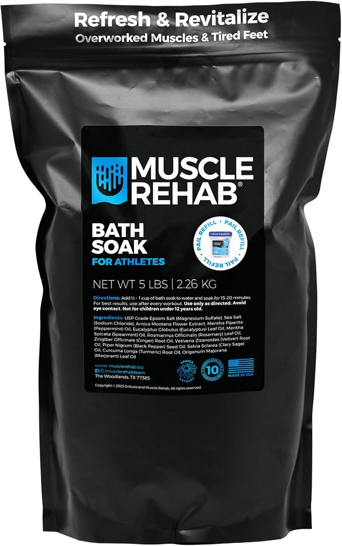 Muscle Rehab Epsom Salt Refill - Bulk Magnesium Soak Refill Bag, 5 lbs | STOCK UP & SAVE: Keep your recovery routine seamless. A heavy-duty epsom salt refill bag to top off your athlete bath pail.