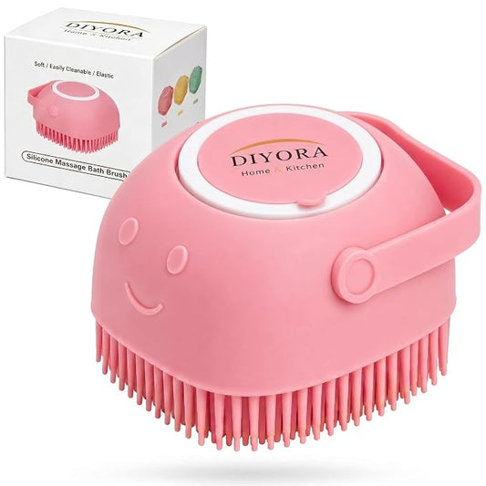DIYORA Pet Shampoo Brush, 2-in-1 Silicone Bath Brush with Soap Dispenser for Dogs & Cats, Grooming, Massaging, Shedding & Deep Cleaning Tool for Short Hair, Long Hair & Small Pets(Pink)