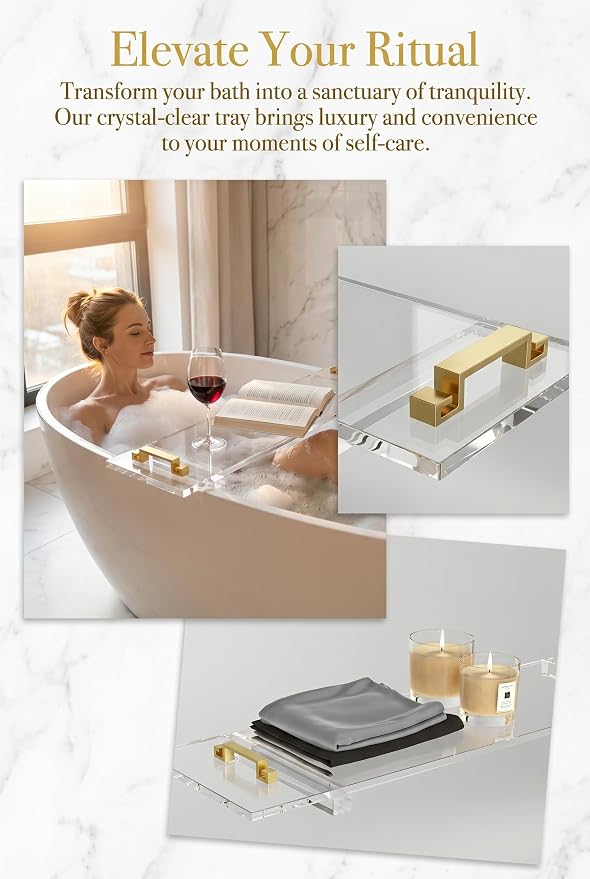 42" transaprent Bathtub Caddy with Gold Handle for Luxury Bathroom Bathtub Acrylic Tray for Large Soaking Tub