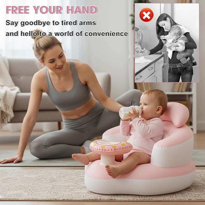 Inflatable Baby Seat for Babies 3-36 Months, Built-in Air Pump, Sit Me Up Chair with Tray and Back Support, Learning to Sit, Portable Baby Chair (Pink & White)