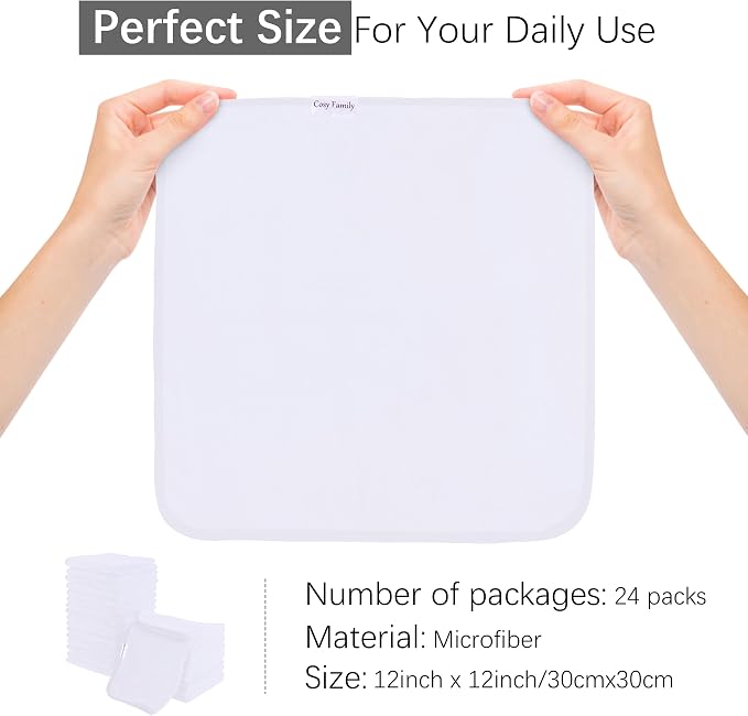 Cosy Family 24 Pack Soft Washcloths Set - 12 x 12 inches, Quick Drying - Highly Absorbent Coral Velvet Fingertip Towel Bathroom Wash Clothes for Bath, Spa, Facial, Kitchen - White
