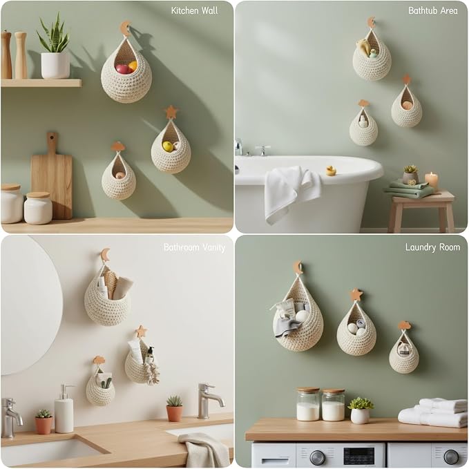 3-Pack Hanging Wall Baskets w/ Decorative Hooks, Cotton Rope Storage for Nursery & Kids Room, Kitchen & Bath, Wall Organizer for Toys, Stuffed Animals, Fruit & Accessories