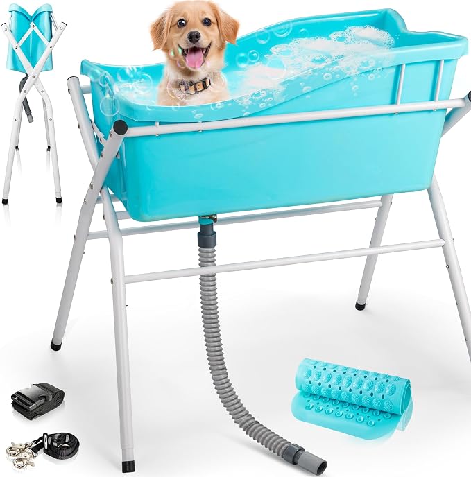Dog Bath Tub, Portable Dog Washing Bathing Station, Elevated Foldable Dog Bath for Shower and Grooming, 3 Adjustable Height Pet Tub for Small and Medium Size Dogs, Indoor and Outdoor