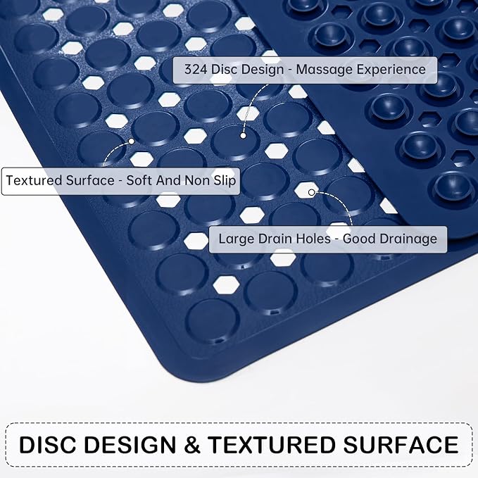 Non-Slip Bathtub and Shower Mats, Power Grip Bath Mat 35 x 16.3 Inch with Suction Cups and Drain Holes for Tub Bathroom Floor Safety, Machine Washable Soft Bathmat, Navy Blue