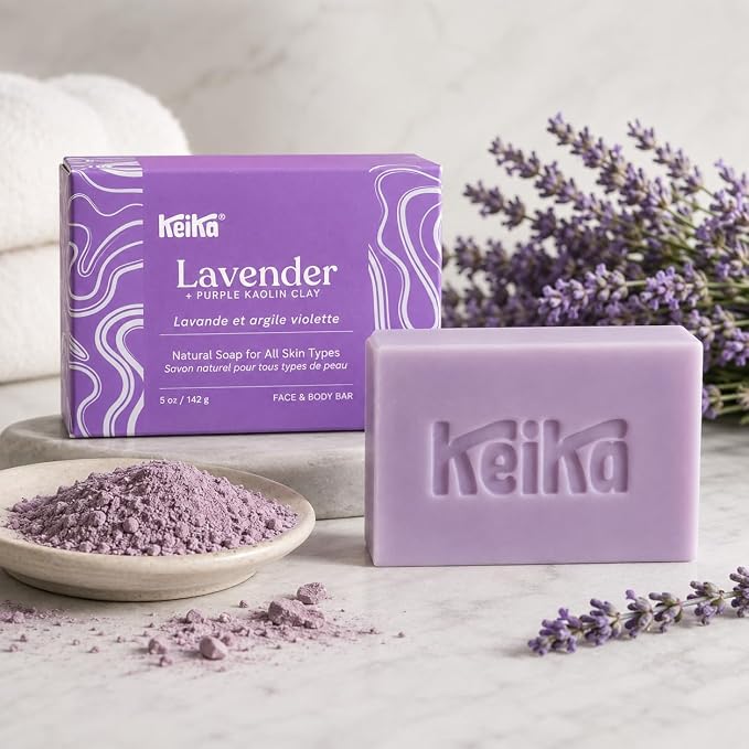 Keika Lavender Soap Bar with Purple Kaolin Clay for Face & Body, Natural Relaxing Spa Bath & Shower Cleanser, 5 oz.
