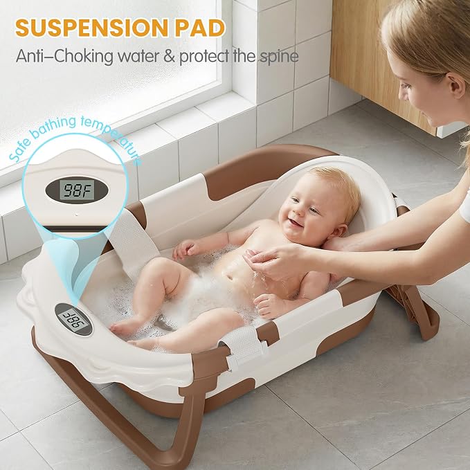 TPN Collapsible Baby Bathtub for Infants to Toddler with Real-time Temp Monitor+Floating Cushion 1 (Brown, Little Lion)