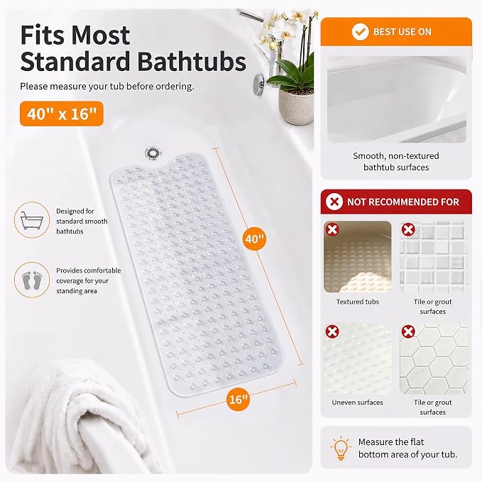 Yimobra Non Slip Bathtub Mat 40 x 16 Inch, Extra Long Shower Mat with Drain Holes, Machine Washable Baby Bath Mats, Strong Suction Cups for Bathroom Floor, Clear