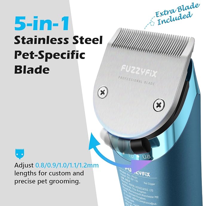 Professional Dog Grooming Clipper with Replacement Blade, 5-in-1 Adjustable Blade Cordless Pet Grooming Kit 2 Speed Trimmer Hair Shaver with Detachable Metal Combs Nova for Animal Horse