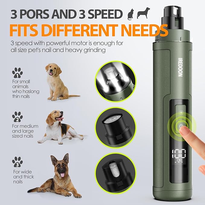 IREDOON Dog Nail Grinder Upgraded - Professional 3-Speed Super Quiet and Low Vibration Electric Pet Nail Grinder with 4 LED Lights - Painless Paws Grooming & Smoothing for Small to Large Dogs (Green)