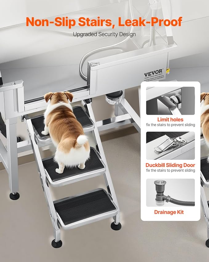 VEVOR Professional Dog Washing Station, 34 Inch Stainless Steel Pet Grooming Tub with Hot Cold Faucet, Adjustable Showerhead, Non-Slip Stairs & Side Sink, for Small to Medium Dogs and Cats (Left Door)