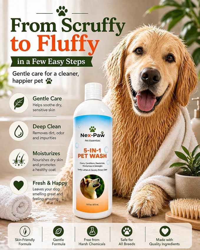NEX-PAW 5-in-1 Dog Shampoo & Conditioner – Deodorizing, Cleaning, Moisturizing & Detangling Pet Wash for Dogs & Puppies – Gentle Formula – 16 oz