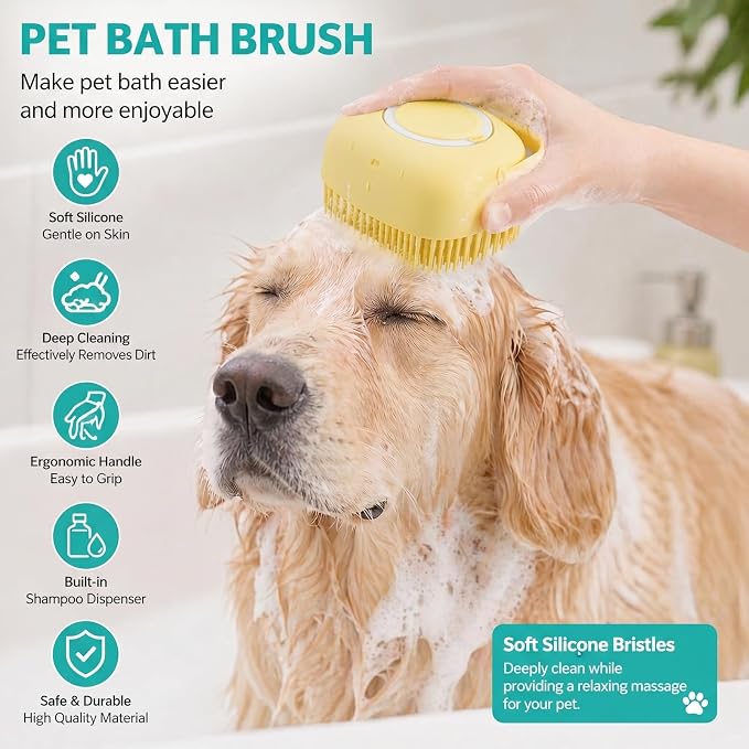 Soft Silicone Pet Bath Massage Brush for Dogs & Cats, Gentle Grooming Cleaning Tool for Puppy Kitten Washing, yellow