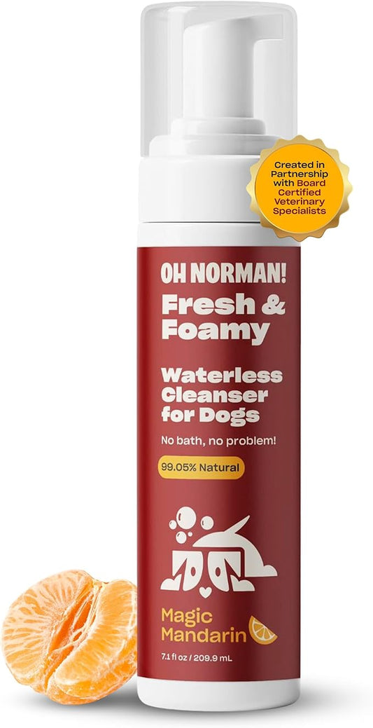 OH NORMAN! Hypoallergenic Magic Mandarin Scent Fresh and Foamy Dry Shampoo for Dogs by Kaley Cuoco - 7.1 Fl Oz Cruelty-Free Waterless Dog Shampoo No Rinse