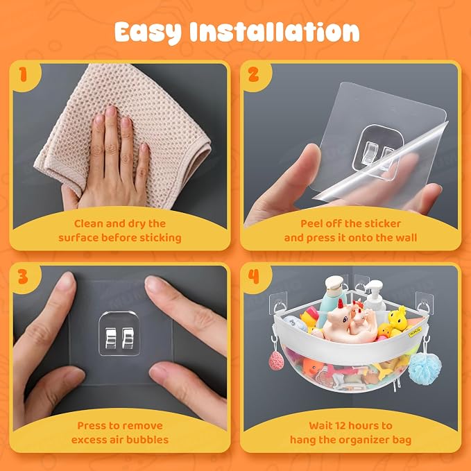 Bath Toy Storage Corner Wall Mounted, 4.32 Gallons Bath Toy Holder, Bottom Zipper Mesh Bathtub Toys Storage Organizer Bag, Quick Access Baby Shower Caddy Quick Dry Bathtub Toys Holder Accessory