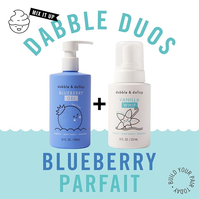 Dabble & Dollop Blueberry + Vanilla Kids 3-in-1 Body Wash, Shampoo & Bubble Bath Bundle – Gel + Foam Whip Set, Tear-Free, Gentle, Natural-Origin, Hypoallergenic and Safe for Sensitive Skin (Pack of 2)