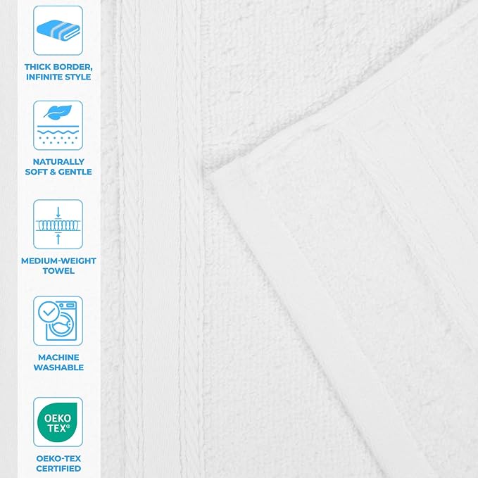 Superior Belmont Zero Twist Cotton Medium Weight Small Towels, for Kitchen, Bathroom, Shower, Spa, Plush, Quick Dry, Ultra-Soft Essentials, Thick Border, Face Towels Washcloths, Set of 12, White